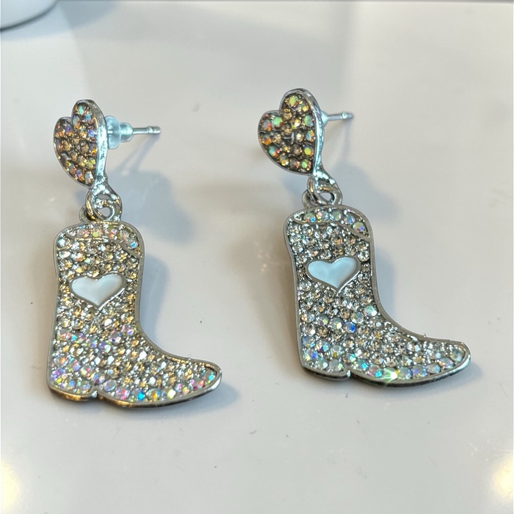 Sparkling Silver Cowboy Boot Drop Earrings with Heart Accent